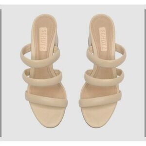Schutz Gold Metallic Triple Strap Block Heel Slide Sandals Mules Womens 8.5 B